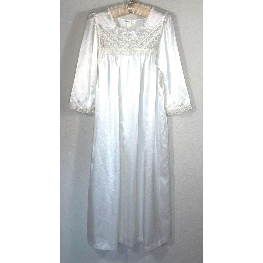 Vintage Christian Dior Nightgown Large White Satin & Lace Peignoir Maxi Late 70s